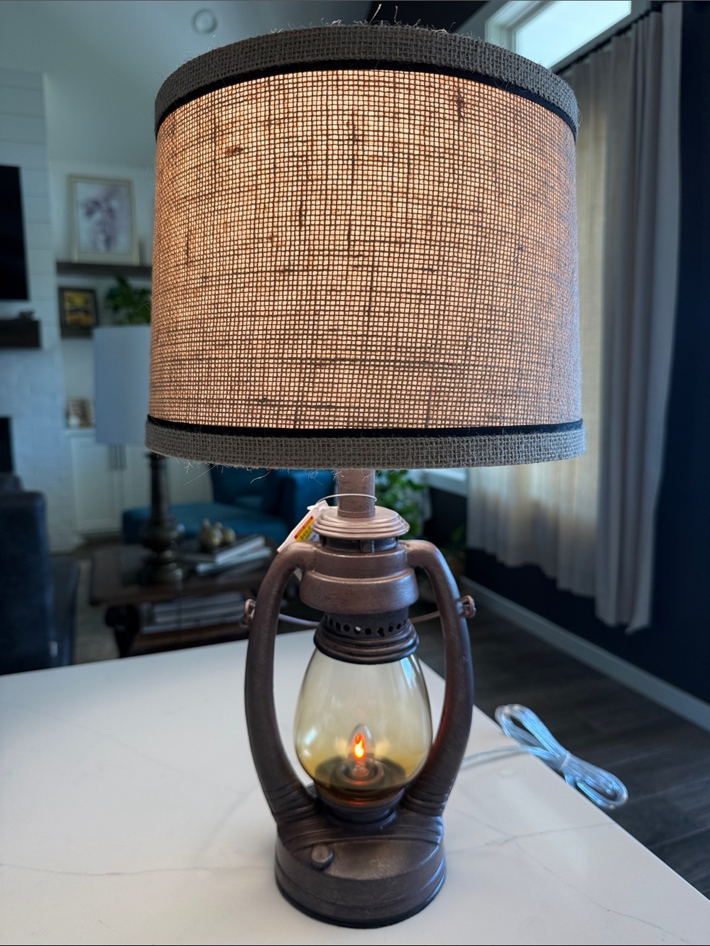 Vintage Rustic Brown Lantern Table Lamp with Beige Burlap Shade